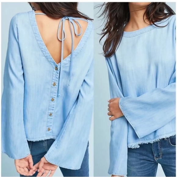 Anthropologie Cloth & Stone Chambray Top Size Large Button-Back Bell Sleeve - Picture 1 of 13